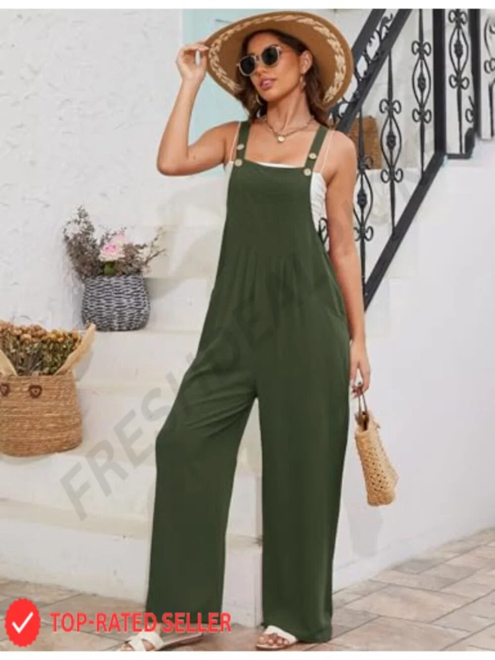 Women's Cotton Linen Loose Fit Bib Overalls Wide Leg Jumpsuit Casual Summer